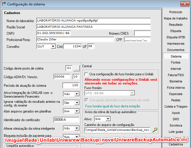 Tela de configuração do sistema