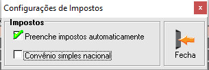 Tela impostos - Cadastro de convênio